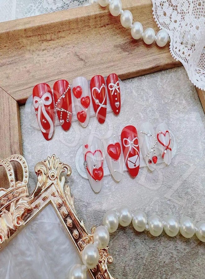 BSBTBZ 24pcs Valentine's Press On Nails Set Medium Almond Fake Nails 3D Love, Bow, Pearl & Gem Beads Rhinestones Design French False Nails Y2k Handmade Holiday Nail Red Heart Glue on Nails for Women - Image 2